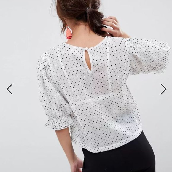 Puff Sleeve Polka Dot Mesh Shirt - Picture 2 of 5